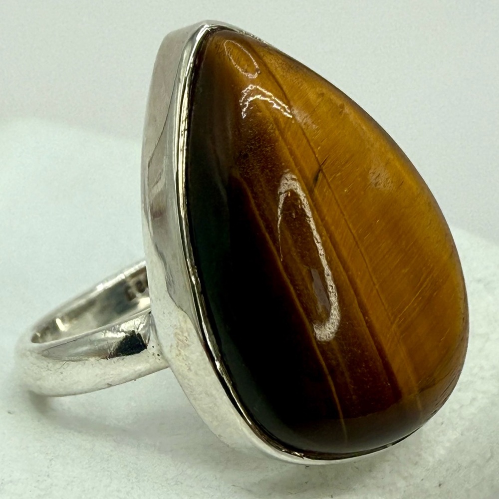 Sterling Silver Tiger’s Eye Artisan Ring – Teardrop Cabochon – Stamped 925 Sz 7